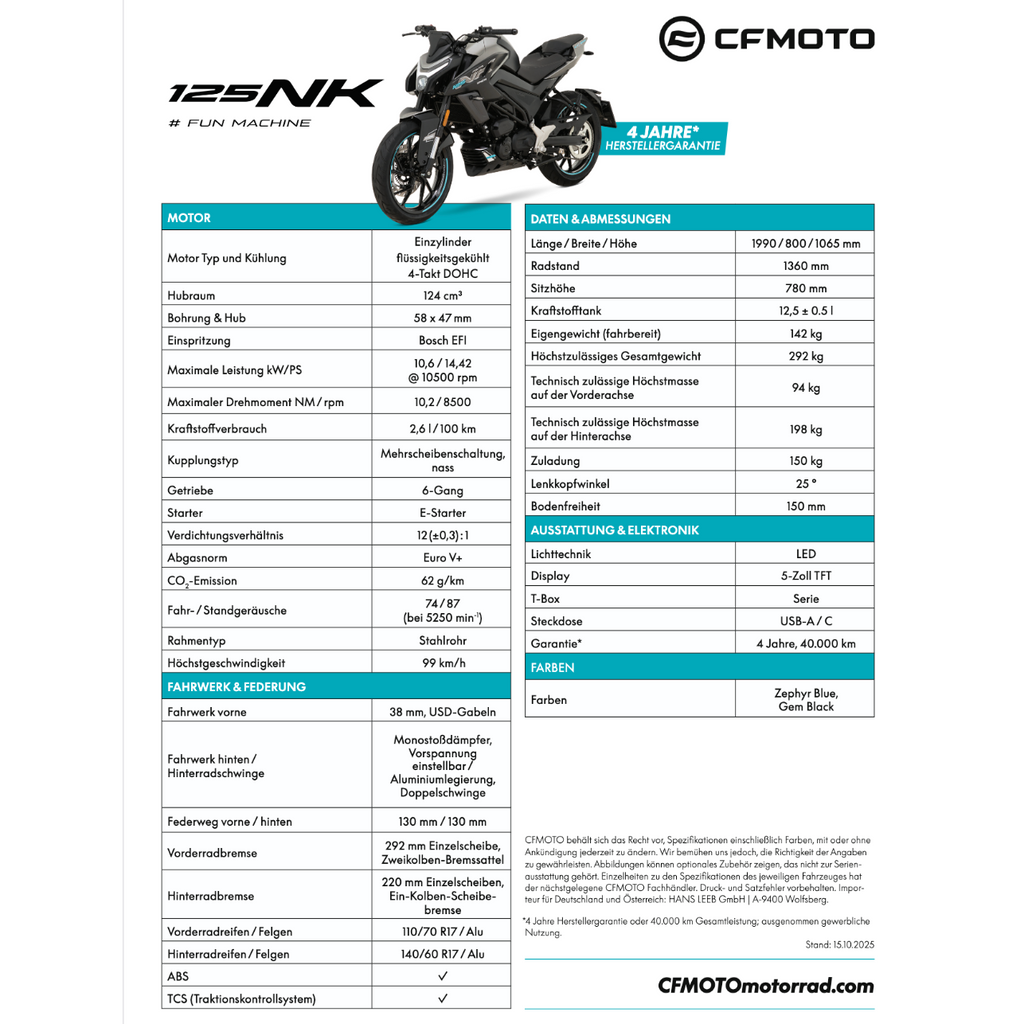 CFMOTO NK 125 / 250€ GUTSCHEIN FÜR BEKLEIDUNG INKLUSIVE