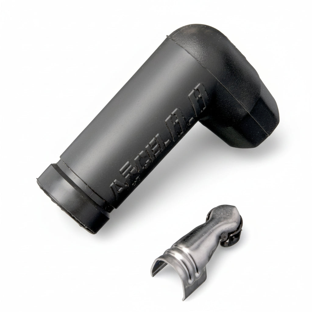 W&W Cycles 90° Zündkerzenstecker mit Manschette & Gummi | Schwarz - 12-444